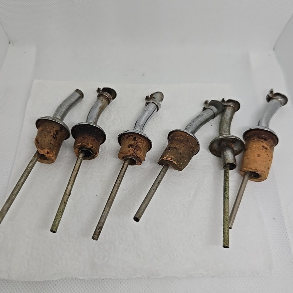 VTG Lot 6 Liquor Bar Bottle Stopper‎ Pour Spout Top Silver Plate Wood Cork Plugs